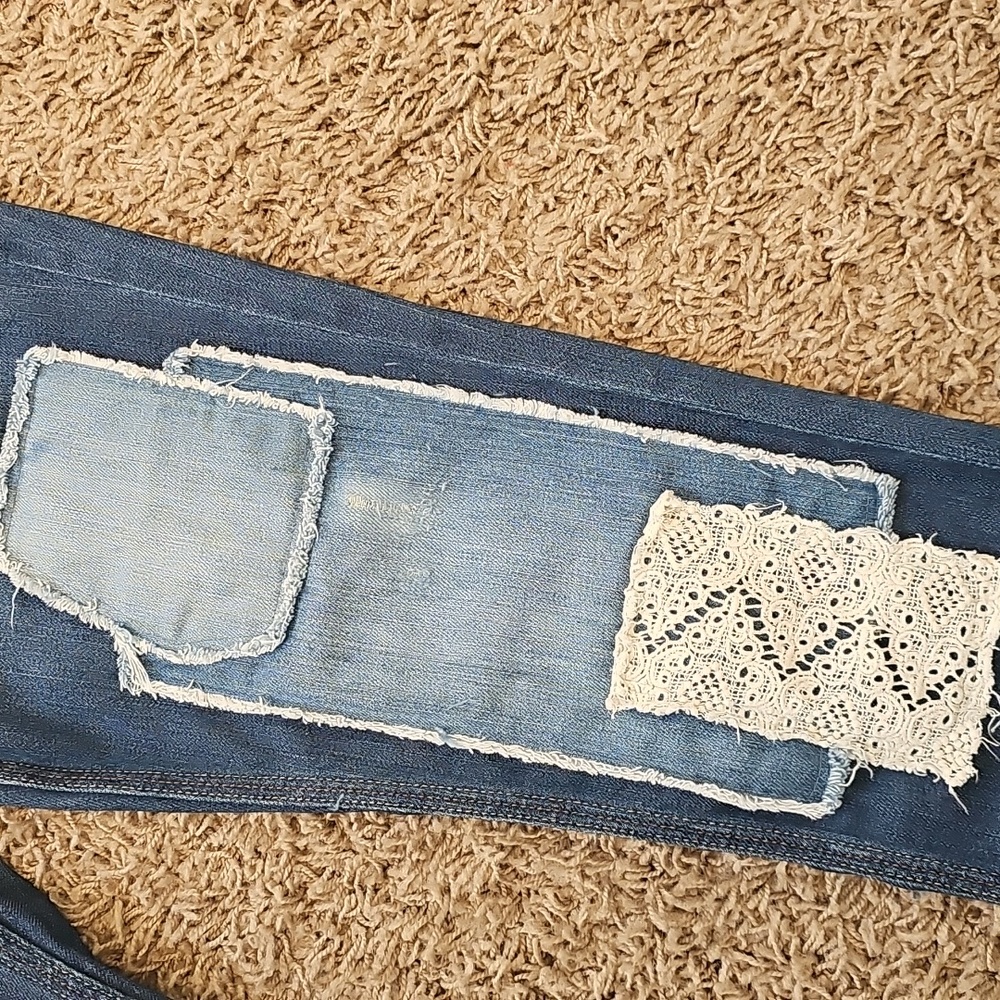 Free People Haynes Jeans Crochet Lace Patchwork Skinny Denim 27 Pants - Picture 6 of 13
